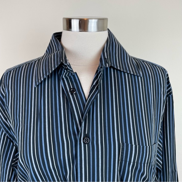 Pronto Uomo Blue Black Stripe Collared Long Sleeve Button Down Shirt Men Medium - Picture 3 of 6